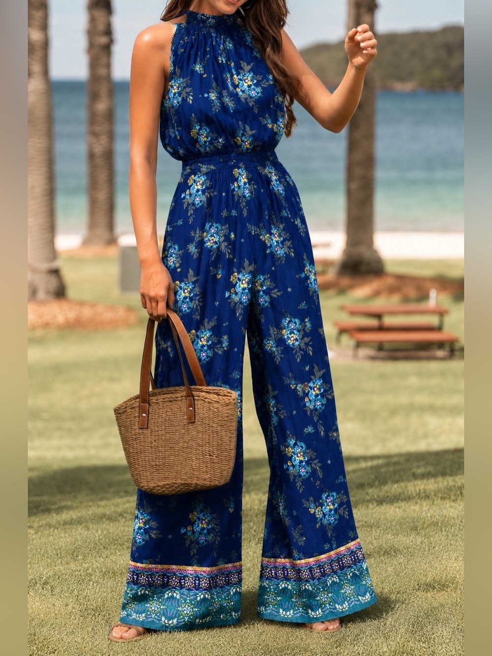 Mudd Boho-Inspired Navy Floral Wide-Leg Halter Jumpsuit – Size XS
